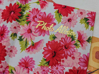 Retro pink floral photo album with gold title, holds 48 4 5/8 x 3 1/4 photos, album removable from cover -  - #tag1# - #tag2# - #tag3# - #tag4# - the Artful Accumulator's Vintage Boutique