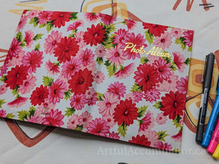 Retro pink floral photo album with gold title, holds 48 4 5/8 x 3 1/4 photos, album removable from cover -  - #tag1# - #tag2# - #tag3# - #tag4# - the Artful Accumulator's Vintage Boutique