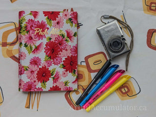 Retro pink floral photo album with gold title, holds 48 4 5/8 x 3 1/4 photos, album removable from cover -  - #tag1# - #tag2# - #tag3# - #tag4# - the Artful Accumulator's Vintage Boutique