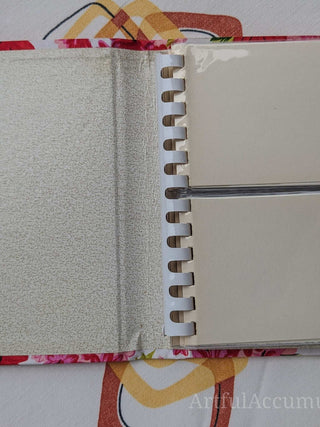 Retro pink floral photo album with gold title, holds 48 4 5/8 x 3 1/4 photos, album removable from cover -  - #tag1# - #tag2# - #tag3# - #tag4# - the Artful Accumulator's Vintage Boutique