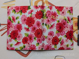 Retro pink floral photo album with gold title, holds 48 4 5/8 x 3 1/4 photos, album removable from cover -  - #tag1# - #tag2# - #tag3# - #tag4# - the Artful Accumulator's Vintage Boutique