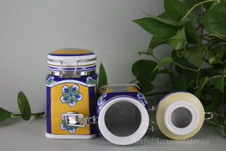 SET of two jars with hinged lids: Yellow and Blue with green flowers -  - #tag1# - #tag2# - #tag3# - #tag4# - the Artful Accumulator's Vintage Boutique