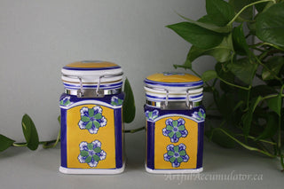 SET of two jars with hinged lids: Yellow and Blue with green flowers -  - #tag1# - #tag2# - #tag3# - #tag4# - the Artful Accumulator's Vintage Boutique