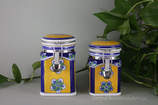 SET of two jars with hinged lids: Yellow and Blue with green flowers -  - #tag1# - #tag2# - #tag3# - #tag4# - the Artful Accumulator's Vintage Boutique