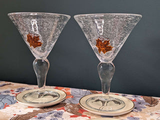 Set of 2 "Bubbled Maple Martini Glasses" with a glass maple leaf, hand blown -  - #tag1# - #tag2# - #tag3# - #tag4# - the Artful Accumulator's Vintage Boutique