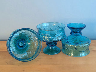 Set of 3 blue green glass stemmed sundae dishes with decorative embossing of design - Artful Accumulator Boutique Vintage