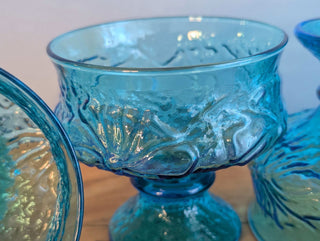 Set of 3 blue green glass stemmed sundae dishes with decorative embossing of design - Artful Accumulator Boutique Vintage