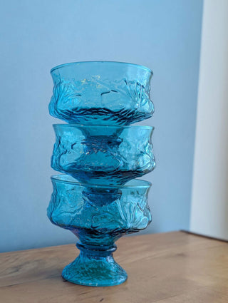 Set of 3 blue green glass stemmed sundae dishes with decorative embossing of design - Artful Accumulator Boutique Vintage