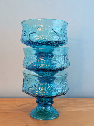 Set of 3 blue green glass stemmed sundae dishes with decorative embossing of design - Artful Accumulator Boutique Vintage