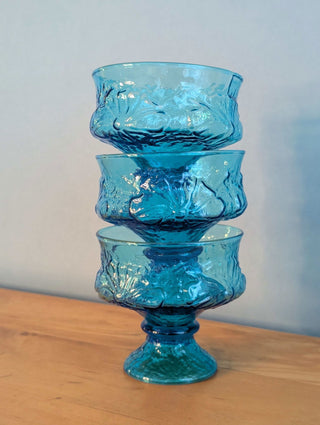 Set of 3 blue green glass stemmed sundae dishes with decorative embossing of design - Artful Accumulator Boutique Vintage
