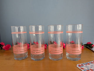Set of 4 clear drinking glasses with opaque shiny blush pink rings - Artful Accumulator Boutique Vintage