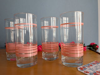 Set of 4 clear drinking glasses with opaque shiny blush pink rings - Artful Accumulator Boutique Vintage