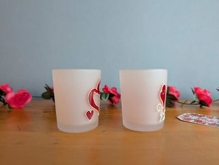Set of hand painted hearts on etched glass votives candle holders - Artful Accumulator Boutique Vintage