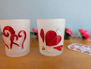 Set of hand painted hearts on etched glass votives candle holders - Artful Accumulator Boutique Vintage