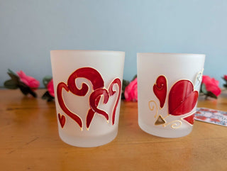Set of hand painted hearts on etched glass votives candle holders - Artful Accumulator Boutique Vintage