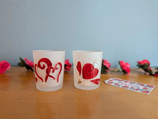 Set of hand painted hearts on etched glass votives candle holders - Artful Accumulator Boutique Vintage