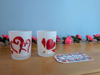 Set of hand painted hearts on etched glass votives candle holders - Artful Accumulator Boutique Vintage