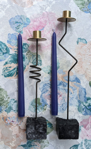"Dramatic Abstraction" candelabras made from metal, brass, and weighted stone base, set of two - Candelabra - #tag1# - #tag2# - #tag3# - #tag4# - the Artful Accumulator's Vintage Boutique