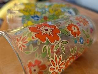 Trio of medium-sized tumblers with orange and green floral patterns - Artful Accumulator Boutique Vintage