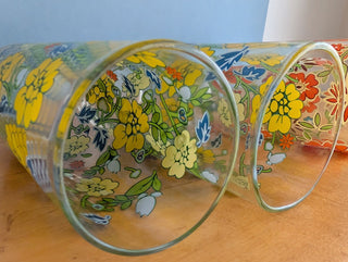 Trio of medium-sized tumblers with orange and green floral patterns - Artful Accumulator Boutique Vintage