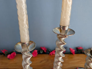 Trio of silver plated twisty candelabra candle holders - Artful Accumulator Boutique Vintage
