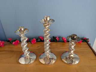 Trio of silver plated twisty candelabra candle holders - Artful Accumulator Boutique Vintage