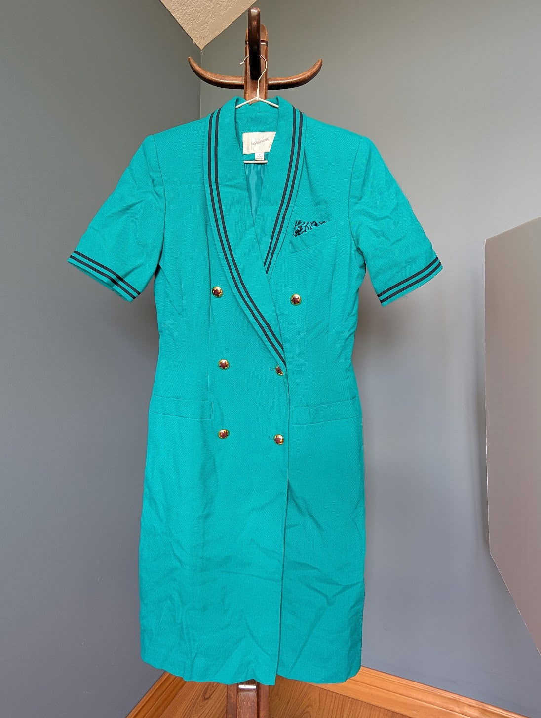 sold out* Turquoise double breasted button-up dress flight attendant- –  Artful Accumulator Boutique Vintage