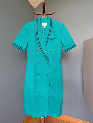 Turquoise double breasted button-up dress flight attendant-style by Jacqueline Ferrar with stripes and gold buttons with stars - Artful Accumulator Boutique Vintage