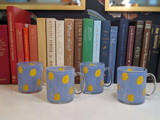 "Yellow Tulip" pattern on blue background, clear glass, set of 4 mugs -  - #tag1# - #tag2# - #tag3# - #tag4# - the Artful Accumulator's Vintage Boutique