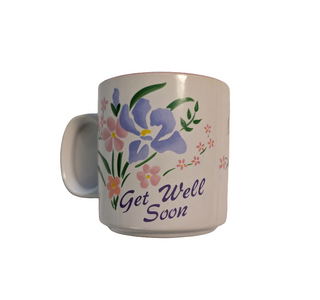 get well soon mug with floral design and script font, so sweet