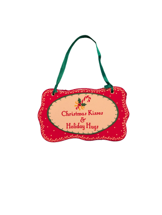Christmas Kisses & Holiday Hugs ceramic ornament with red border and green ribbon