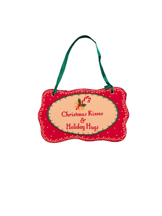 Christmas Kisses & Holiday Hugs ceramic ornament with red border and green ribbon