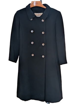 Long black double breasted vintage coat with abalone shell buttons