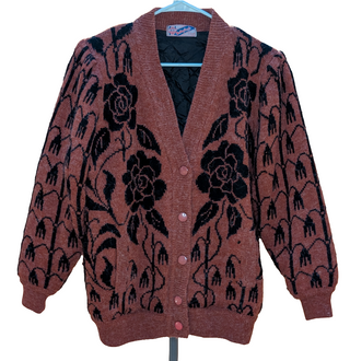 Cozy rose garden sweater, lined with quilted fabric, snap buttons, copper color