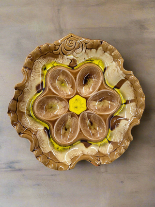Ceramic Deviled Eggs Tray, handmade with earthtones and yellow glazes