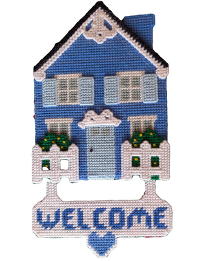 Cute Blue House picket fence "welcome" sign