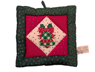 Holiday Plaid Bell with Red Bow on sewn Trivet, decorative, hanging, R.D & D 1993