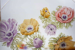 clear with flower decals on the backside of the glass, gold rim, yellow, purple, red flowers -  - #tag1# - #tag2# - #tag3# - #tag4# - the Artful Accumulator's Vintage Boutique