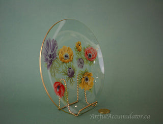 clear with flower decals on the backside of the glass, gold rim, yellow, purple, red flowers -  - #tag1# - #tag2# - #tag3# - #tag4# - the Artful Accumulator's Vintage Boutique