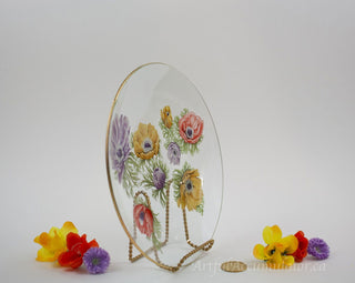 clear with flower decals on the backside of the glass, gold rim, yellow, purple, red flowers -  - #tag1# - #tag2# - #tag3# - #tag4# - the Artful Accumulator's Vintage Boutique