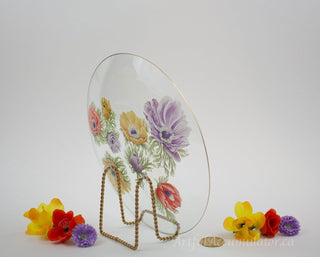 clear with flower decals on the backside of the glass, gold rim, yellow, purple, red flowers -  - #tag1# - #tag2# - #tag3# - #tag4# - the Artful Accumulator's Vintage Boutique