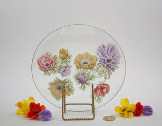 clear with flower decals on the backside of the glass, gold rim, yellow, purple, red flowers -  - #tag1# - #tag2# - #tag3# - #tag4# - the Artful Accumulator's Vintage Boutique