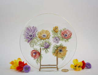 clear with flower decals on the backside of the glass, gold rim, yellow, purple, red flowers -  - #tag1# - #tag2# - #tag3# - #tag4# - the Artful Accumulator's Vintage Boutique