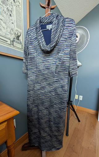 cowl neck fitted maxi dress with mottled blue patterned fabric and half sleeves by Robbie Bee - Artful Accumulator Boutique Vintage