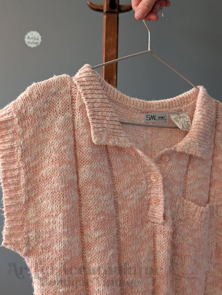 Pull court côtelé rose et blanc à boutons, style preppy sportif, de la marque SML, taille S