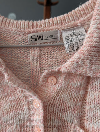 Pull court côtelé rose et blanc à boutons, style preppy sportif, de la marque SML, taille S