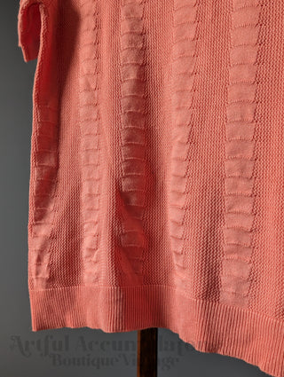 warm pink scalloped textured patterned knit shirt short sleeves, scalloped collar, brandless