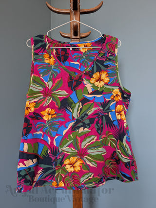 magenta pink tropical sleeveless shirt with floral leaf patterning, brandless