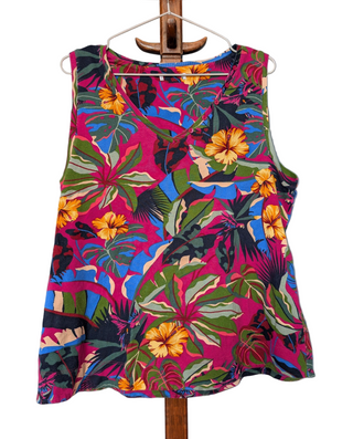 magenta pink tropical sleeveless shirt with floral leaf patterning, brandless