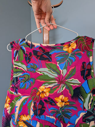 magenta pink tropical sleeveless shirt with floral leaf patterning, brandless